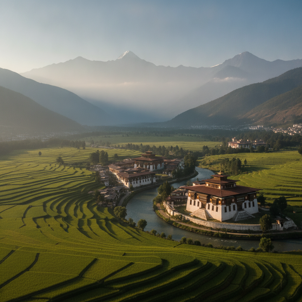 Scenic view of Paro Valley in Bhutan featuring traditional dzong architecture and surrounding Himalayan mountains.